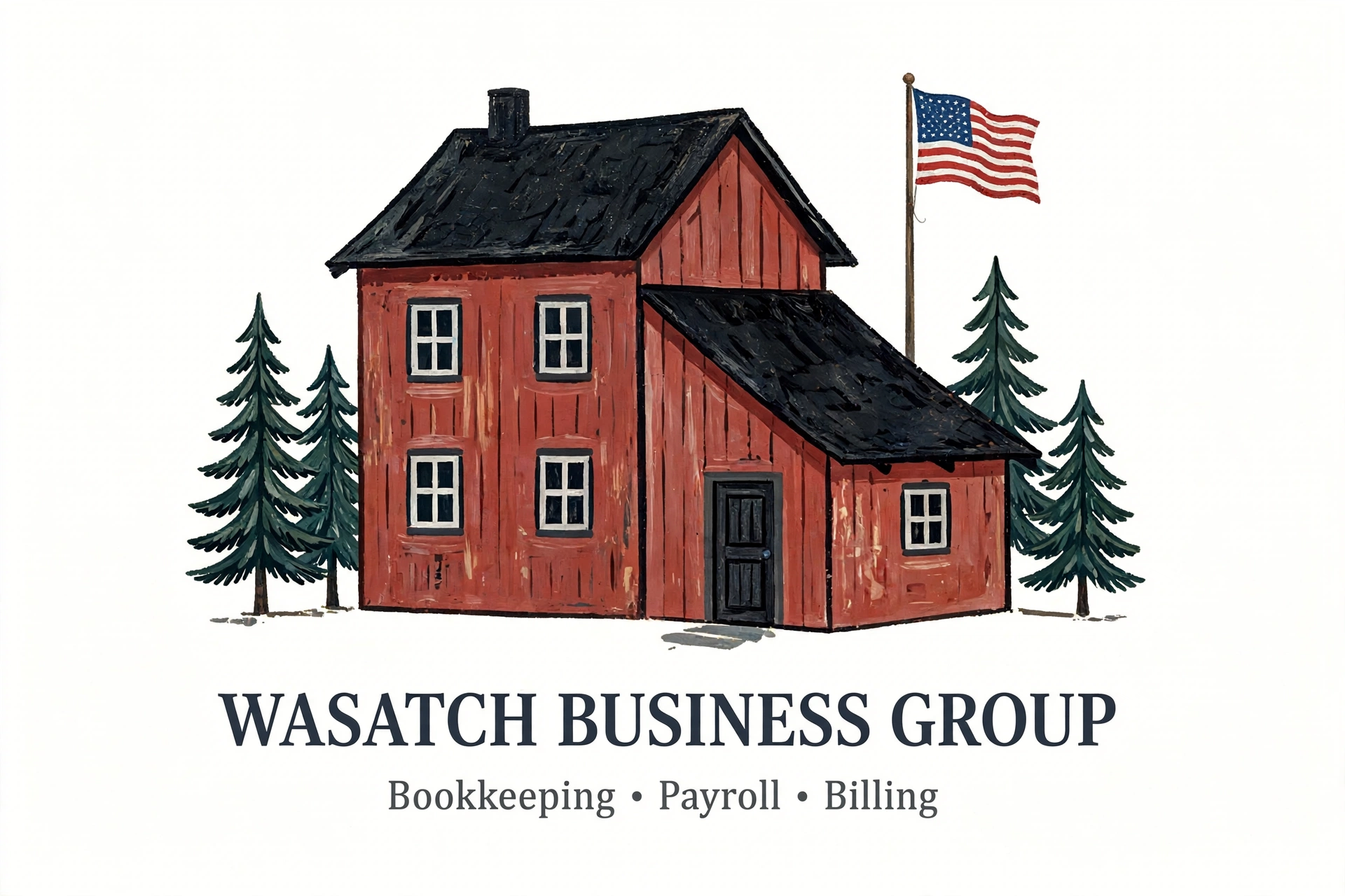 Wasatch Business Group folk-art logo with a red saltbox farmhouse, black roof, green pine trees, and a US flag